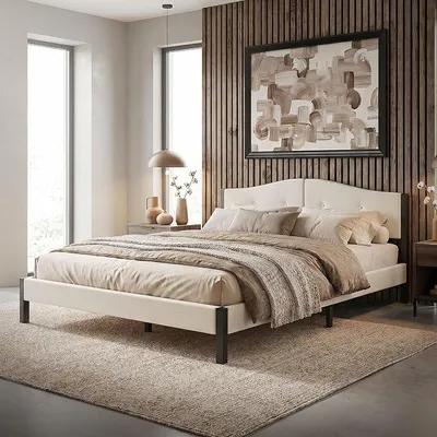 Produktbild von Polsterbett 160x200 cm, Doppelbett mit stabilem Bettgestell, Bettrahmen mit gepolstertes Kopfteil & Lattenrost, Modernes Jugendbett, Bett für Schlafzimmer, Stahlrahmen & Leinenstoff, Beige