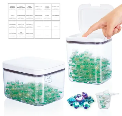 Imagen del producto de Caja de almacenamiento para detergente, 2 unidades, fabricada en plástico PET, con tapa, ideal para cápsulas de detergente y perlas de lavado