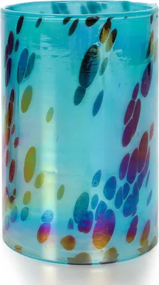 Produktbild von Glas-Windlicht Point, semi-transparent mit irisierendem Farbverlauf und dekorativem Muster aus verlaufenden Punkten, für Stumpenkerzen oder Teelichter, blau