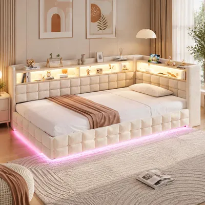 Produktbild von INONEFT Hydraulisches Polsterbett Schlafsofa 90x200 cm mit  LED und USB, Einzelbett Jugendbett mit Stauraum kopfteil und Lattenrost, Samt Beige