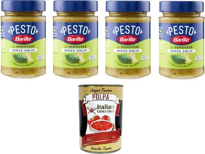 Produktbild von Barilla Pesto Alla Genovese senz'Aglio Condimento e Sugo per Pasta Genueser Pesto ohne Knoblauchgewürz und Nudelsauce 4x190gr + Italian Gourmet polpa 400g