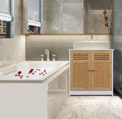 Produktbild von EUGAD Waschbeckenunterschrank Unterschrank Badezimmerschrank Waschtisch Badschrank mit 2 Türe 60 x 30 x 60 cm Weiß-Natur