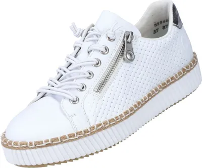 A white sneaker with a zipper and laces on a white background.