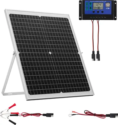 Immagine prodotto di Kit pannello solare - Caricabatteria solare monocristallino da 12 V con regolatore di carica MPPT - Staffa regolabile - Impermeabile IP67 - Per auto barca camper rimorchio