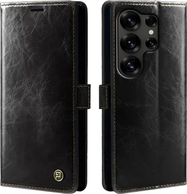 Produktbild von Handyhülle für Samsung Galaxy S25 Ultra Kunstleder Flip Vintage Cover Hülle RFID Schutz Case Kartenfach Farbe: Schwarz