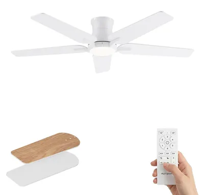 Imagen del producto de Ventilador de techo de 132 cm, color blanco, con iluminación, motor de corriente continua de 32 W, luz LED regulable, diseño moderno, ideal para comedor y dormitorio