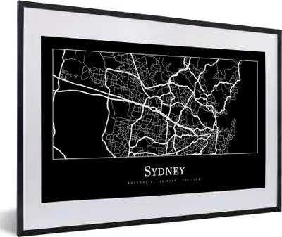 Produktbild von MuchoWow® Gerahmtes Poster Karte - Sydney - Stadtplan 60x40 cm - Poster mit Schwarzem Bilderrahmen Wandposter Rahmen Foto Bilder - Schlafzimmer - Plakat in Rahmen - Drucken