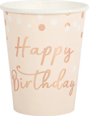 Immagine prodotto di 8 bicchieri di carta Happy Birthday rosa oro 255 ml - taglia unica