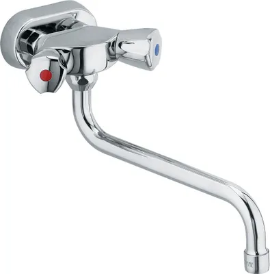 A chrome-plated kitchen faucet with two handles, one red and one blue, mounted on a white background.