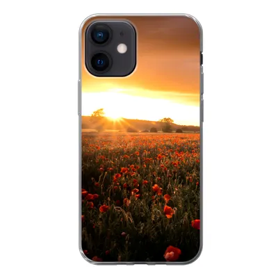 Produktbild von MuchoWow® Handyhülle Schutzhülle Hülle für iPhone 12 Sonnenuntergang über den Mohnblumen in England Silikon Softcase Handy Hülle - Schutzhülle
