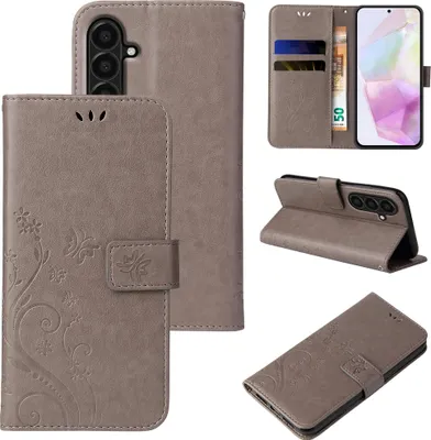 Produktbild von Handyhülle für Samsung Galaxy A37 5G Floral Blumen Schmetterling Flip Cover Hülle Case Klapphülle Handytasche Farbe: Grau