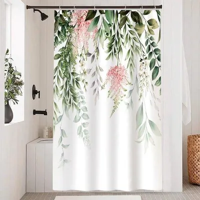 Obrázek produktu pro Voděodolný sprchový závěs se zelenými listy a růžovými květy, polyester, 120 x 200 cm