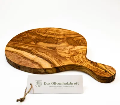 Produktbild von Olivenholz Pizzabrett oder Flammkuchenbrett, rund mit Griff