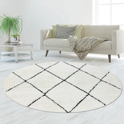 Zdjęcie produktu dla Elegancki dywan w romby w kolorze czarno-białym, rozmiar – okrągły, 120 cm