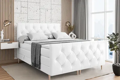 Produktbild von ALTDECOR Boxspringbett mit Holz Füßen, Matratze und Lattenrost, Topper, Fußteil, Polsterbett mit Bettkasten, Bett mit Stauraum H3- und H4- Matratze -MIRAGE-FD-Z KING-200x200 - Weiß Kunstleder