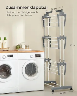 Produktbild von Wäscheständer – Freistehender Wäscheständer – 4 Ebenen – Flügelwäscheständer mit Rollen – 64 x 126 x 172 cm – Grau