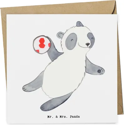 Produktbild von Mr. & Mrs. Panda Glückwunschkarte Panda Handball spielen - Weiß - Geschenk, faltkarte, Verein, Grußkarte, anlasskarte, Club, Klappkarte, doppelkarte, Turnier
