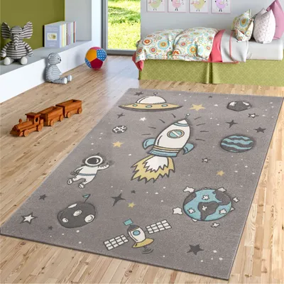 Produktbild von TT Home Kinderzimmer Kurzflor Teppich Weltall Raketen Motiv Konturenschnitt Grau Modern Größe 160 cm Rund