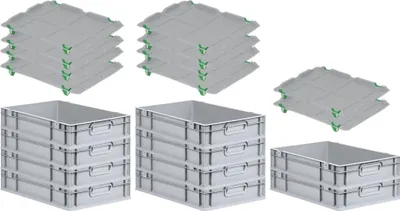 Produktbild von SparSet 10x Eurobox NextGen Economy mit Auflagedeckel und 4x Schiebeschnappverschlüsse Grün | Griffe geschlossen | HxBxT 12x40x60cm | 23 Liter | Eurobehälter, Transportbox, Transportbehälter, Stapelbehälter