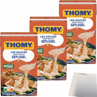 Three boxes of Thomy Les Sauces Geflügel Sahnesauce are arranged in a staggered formation, with a small white paper in the foreground.