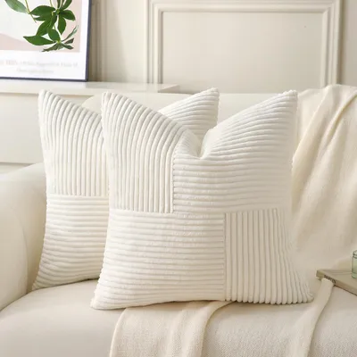 Image de Housses de coussin en velours côtelé - Lot de 2, doux et moelleux - pour canapé, lit et sofa - 40x40 cm, couleur crème