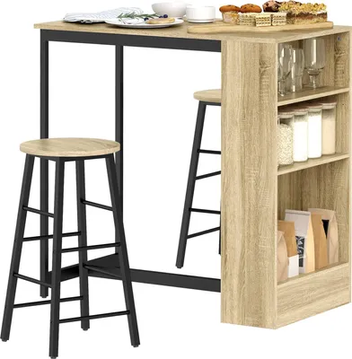 Produktbild von Bartisch mit Barhocker Set, 3-tlg. Bartisch-Set mit Küchentisch, Stauraum, 2 Hocker, Fußstützen, im Modern-Stil, Platzsparend Essgruppe für Esszimmer, Küche, Stahl, Eiche Aosom