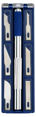 Produktbild von Präzisionsmesser-Set, 7-teilig, Metallgehäuse, geeignet für Rechts- und Linkshänder