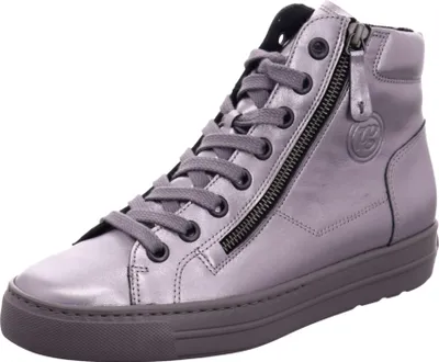 A single silver high-top sneaker with laces and a side zipper, shown against a white background.