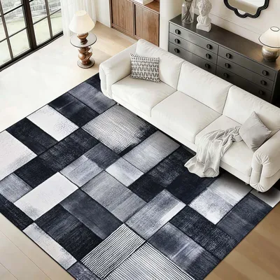 Zdjęcie produktu dla Omgoods - Mata podłogowa 160 x 230 cm - Możliwość prania, nowoczesny, geometryczny wzór, czarno-szary