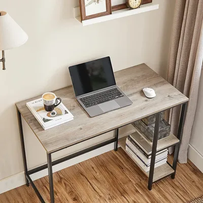 Immagine prodotto di Scrivania VASAGLE, scrivania per computer, scrivania per PC, scrivania da ufficio, con 2 ripiani sul lato destro o sinistro, per l'ufficio o il soggiorno, struttura in acciaio, design industriale, grigio-nero LWD046B02