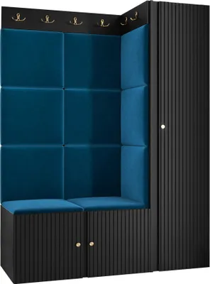 Produktbild von MIRJAN24 Garderoben-Set Orion Ryfel Slim IX, Kleiderschrank, Schuhschrank, 2x Kleiderhakenbrett, 11x Paneel 42x42, 4 Kleiderhaken für Kleidung, Metallgriffe (Farbe: Schwarz, Manila 26)