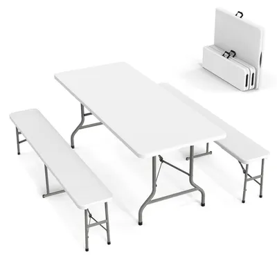 Immagine prodotto di Set da birreria pieghevole, 3 pezzi, in plastica bianca, dimensioni 183x76x74 cm, con borsa per il trasporto