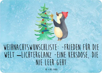 Produktbild von Mr. & Mrs. Panda Schild Pinguin Weihnachtsbaum DIN A3 - Eisblau - Geschenk, Wandbild, Türschild, tafel, Winter, Weihnachten, Blechschild, Blechtafel