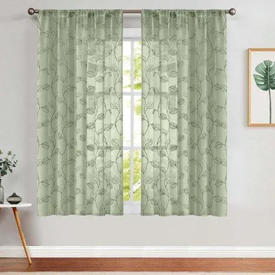 Image de Ensemble de 2 rideaux transparents Unyqoos®, en polyester, 140 x 145 cm, avec œillets, brodés de motifs de feuilles vertes – idéal pour les salons et les chambres