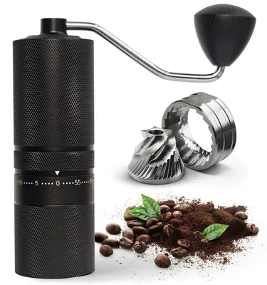 Image de INF Moulin à café manuel à manivelle avec meule CNC en acier réglable sept-étoiles, corps acier inoxydable et alliage d'aluminium, manche en bois de pêcher, réglage 6 niveaux Le noir