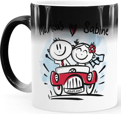 Produktbild von Kaffee-Tasse Farbwechsel Liebe Strichmännchen mit Namen und Datum Hochzeitsgeschenk Hochzeitstag SpecialMe® Magic Magic-Tasse