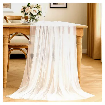 Produktbild von Tüll Tischläufer Weiß 80x400cm, Chiffon Tischläufer für Hochzeiten, Tüll Meterware, Chiffon Stoff Meterware, Eleganter Tüll für Tischdekoration, Party- und Boho-Deko, DIY Kreativprojekte