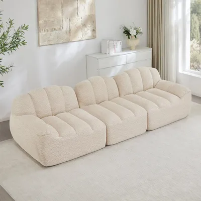 Produktbild von 3-Sitzer Modulares Sofa, Boneless Design aus 32D Hochdichtschaum, tiefe Sitzfläche, ideal für Wohnzimmer, weicher Stoff,Beige Weiß