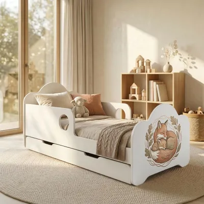 Image de Lit d'enfant Happy Babies avec barrières de sécurité pour garçon, 160 x 80 cm, pour chambre d'enfant, avec tiroir, matelas, lit simple pour enfant, blanc, renards