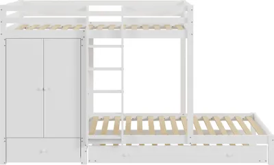 Produktbild von Merax Etagenbett 90x200cm mit Ausziehbett, Hochbett mit Kleiderschrank, Kinderbett mit Schublade und Ablagefach, Holzbett Jugendbett mit Leiter, Weiß