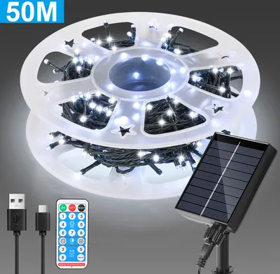 Obrázok produktu pre Clanmacy 50M 500LEDs solárne rozprávkové svetlá 8 osvetlenie model IP44 vodotesné vonkajšie záhradné party vianočné dekorácie studená biela