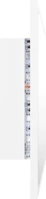 A close-up of a white LED mirror strip with visible electronic components and markings.