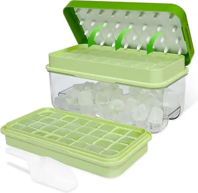 Immagine prodotto di Contenitore per cubetti di ghiaccio con coperchio - 64 cubetti - facile da svuotare - cocktail, whisky, caffè - 2 vaschette, 1 spatola per il ghiaccio