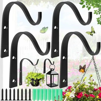 Productafbeelding van Ibenzoa® 4-delige set planten- en wandhaken van ijzer, 11 x 7,8 x 2 cm, zwart – stevige bloemenhaken met schroeven, geschikt voor balkon, tuin en binnen