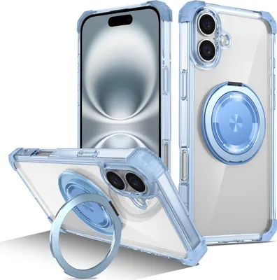 Obrázek produktu pro Pouzdro pro iPhone 16 magnetický držák prstenu, stojánek, kompatibilní s MagSafe, vojenská ochrana, průhledné pouzdro modré