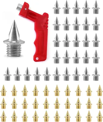Produktbild von Leichtathletik Spikes Set, 6mm Stahlspitzen mit Schlüssel, 100 Stück in Silber und Gold