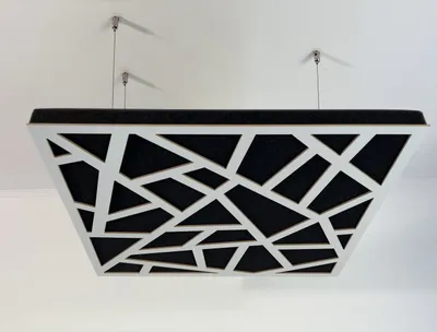 Zdjęcie produktu dla 2-częściowe akustyczne panele sufitowe "SKYROSS-C" z zestawem montażowym | Absorpcja - Dyfuzja - Odbicie - Izolacja akustyczna - Izolacja | Akustyczny panel chmurowy | 50x50x5cm | Kolor: Orzechowy