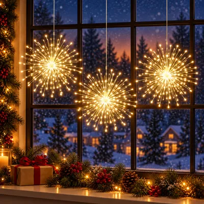 Produktbild von 3x 200 LED Sternburst Lichter Warmweiß Feuerwerk Lichterkette Kupferdraht Fenster Hängelampe Deko Batterie 8 Modi dimmbar Fernbedienung Weihnachtsdeko