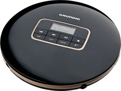 A black portable CD player with gold trim and a digital display, shown from a top-down angle on a white background.