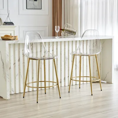 Zdjęcie produktu dla Zestaw 2 przezroczystych stołków barowych, konstrukcja zawieszona, złote metalowe nogi, do otwartej kuchni, 102 cm